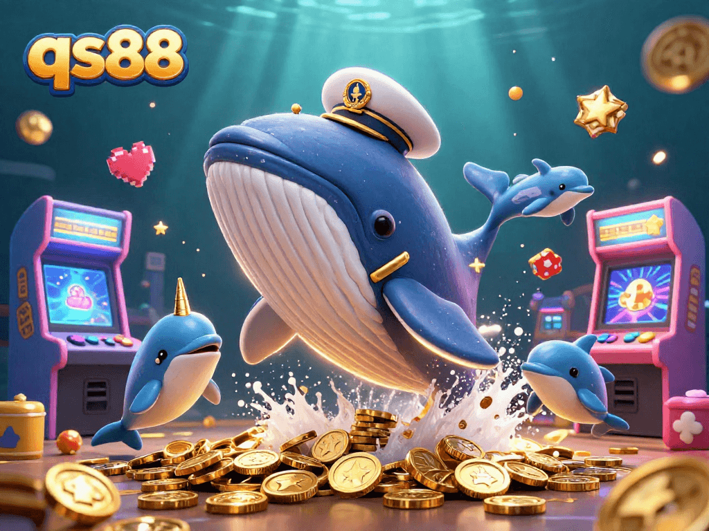 Join the excitement at qs88, where a whale in a captain's coat breaches a sea of coins among playful dolphins.