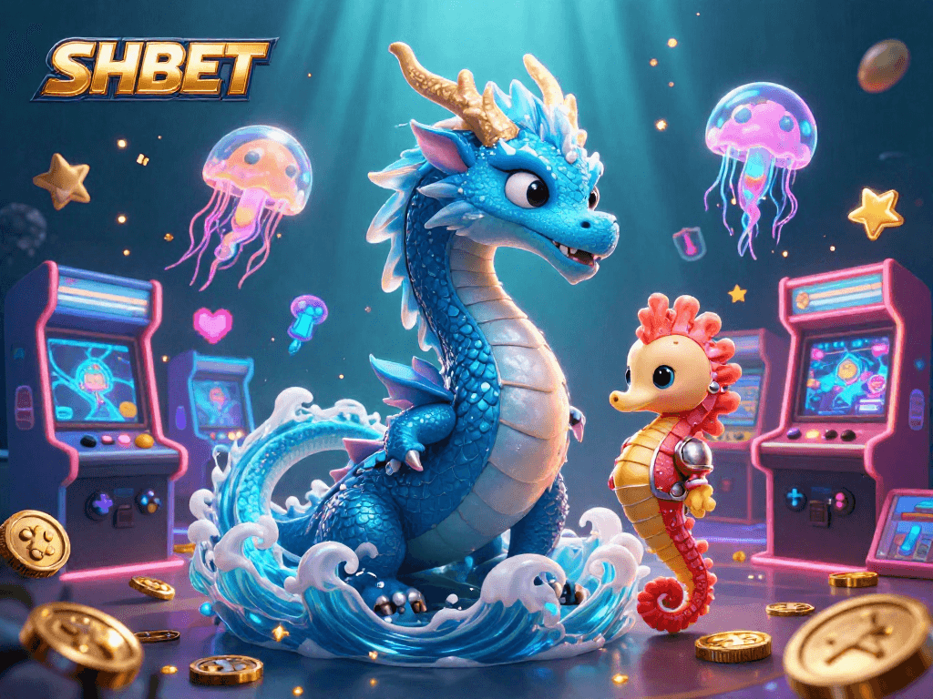 Engage with SHBET's immersive underwater gambling experience featuring a dragon and gaming elements.