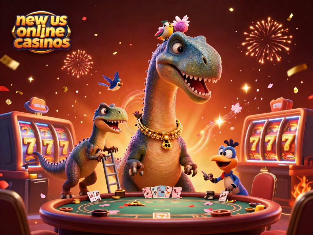Engage in new us online casinos featuring a giant dinosaur and lively slot machines in a festive scene.