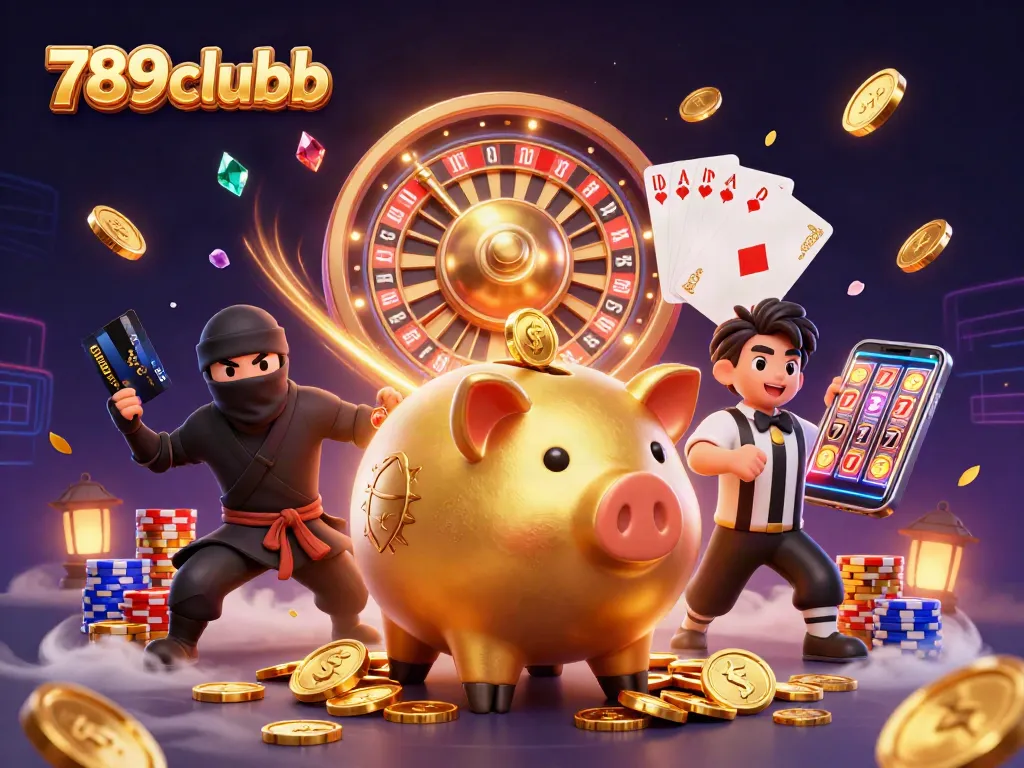 Engage with 789clubb's thrilling realm featuring a sumo wrestler and ninja battling amidst vibrant casino elements.