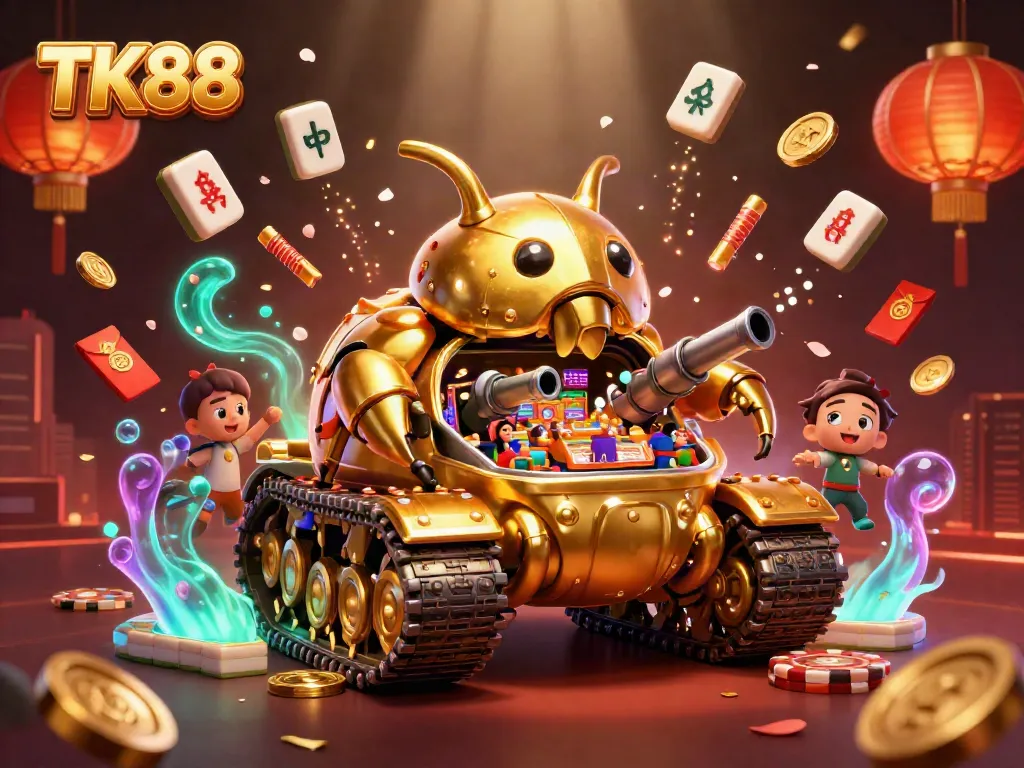 Experience the excitement of TK88's mini casino within a golden beetle tank, filled with dynamic festive elements.