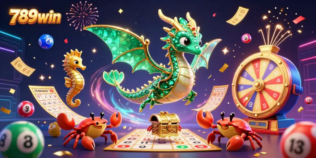 Engage with 789win's vibrant lottery scene featuring a dazzling sea dragon and treasure elements.