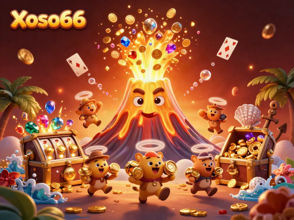 Xoso66 casino theme illustration with a golden volcano erupting coins and treasure effects