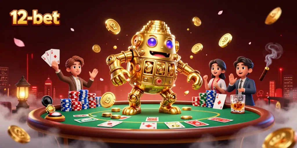 Enjoy thrilling gameplay at 12-bet, where a golden golem surrounded by poker chips captivates your winning strategies!