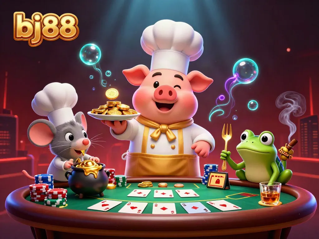 Bet on exciting games at bj88 with a vibrant casino scene featuring whimsical characters.
