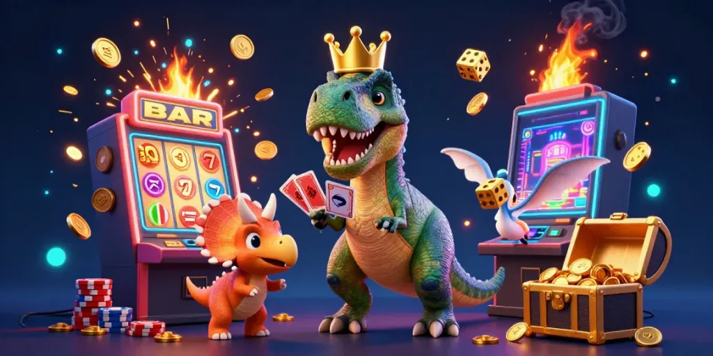 Experience the excitement of 68win with a vibrant 3D illustration of a cartoon T-Rex and friends amidst a jackpot explosion.