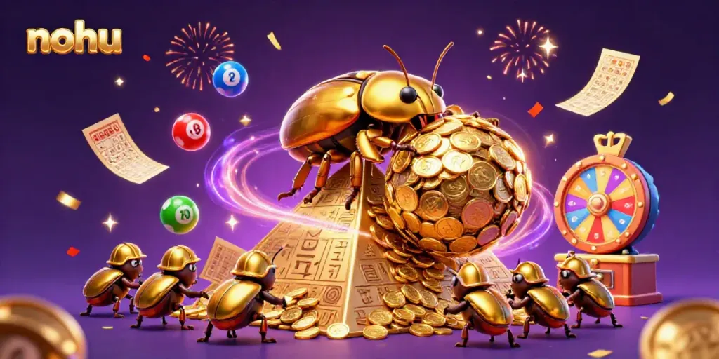 Spin and win with nohu as a golden beetle rolls coins in a vibrant casino scene packed with energy.