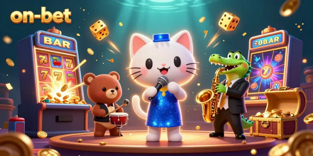 Experience the excitement at on-bet casino with vibrant characters and a jackpot explosion.