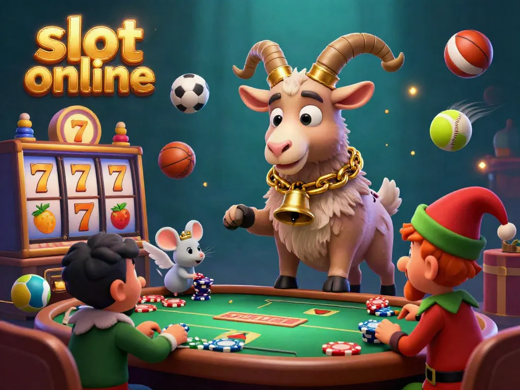 Experience thrilling slot online action with a Krampus goat overseeing a festive, vibrant casino scene.