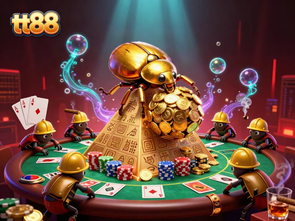 Experience the thrill of tt88 with golden beetles rolling coins amidst poker elements in a 3D casino scene.