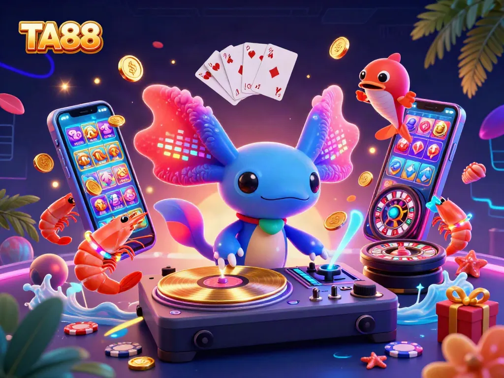 Engage with TA88 as a vibrant online casino, featuring dynamic gaming action and colorful elements.
