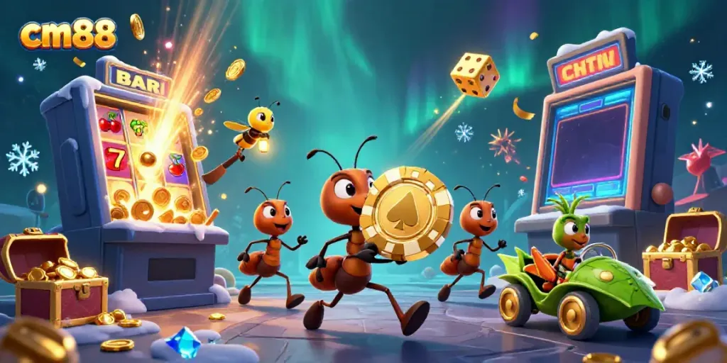 Experience the thrill of cm88 with playful ants carrying a giant poker chip in a colorful casino scene.