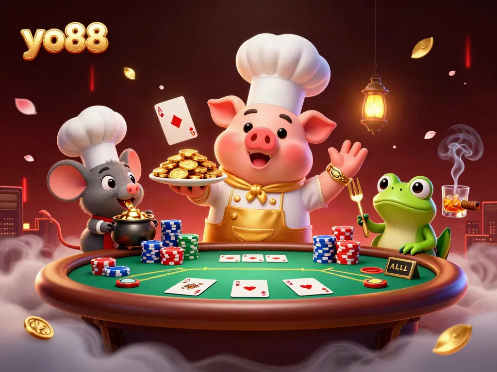 yo88 features a 3D cartoon chef pig serving golden coins amidst a vibrant casino scene