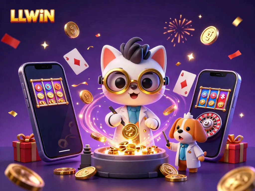 Experience the excitement of LLWIN with a vibrant casino-themed illustration showcasing fun characters and games.