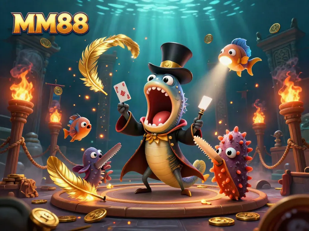 Experience the excitement of MM88 with a magical deep-sea casino scene featuring unique characters.