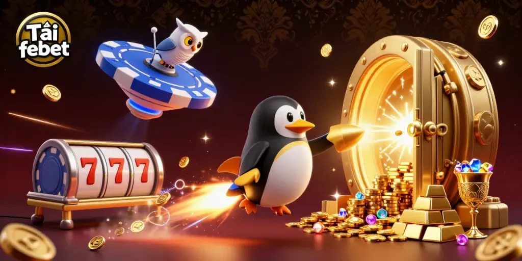 Tải febet: Enjoy an exhilarating online casino experience with a golden penguin racing toward a lavish poker chip casino.