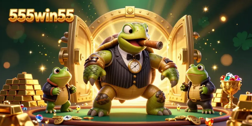 Engaging illustration showcasing 555win55 with a turtle mobster and frog enforcers among sparkling casino treasures.