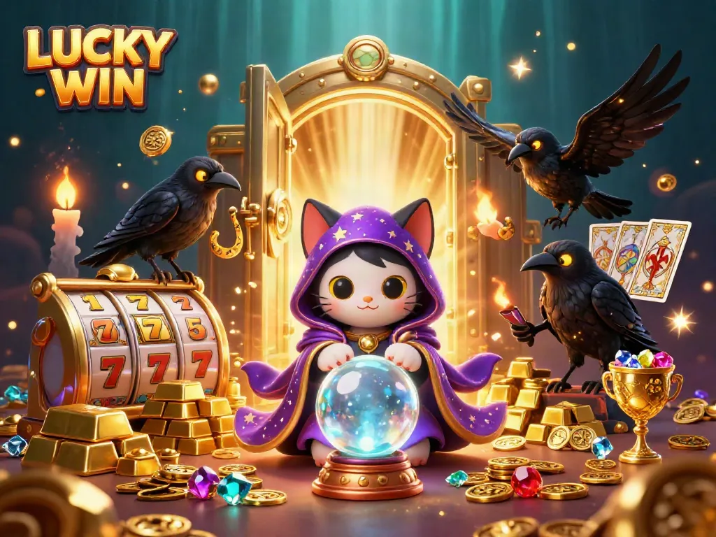 Experience LUCKY WIN with a mystical casino scene featuring fortune tellers and treasure.
