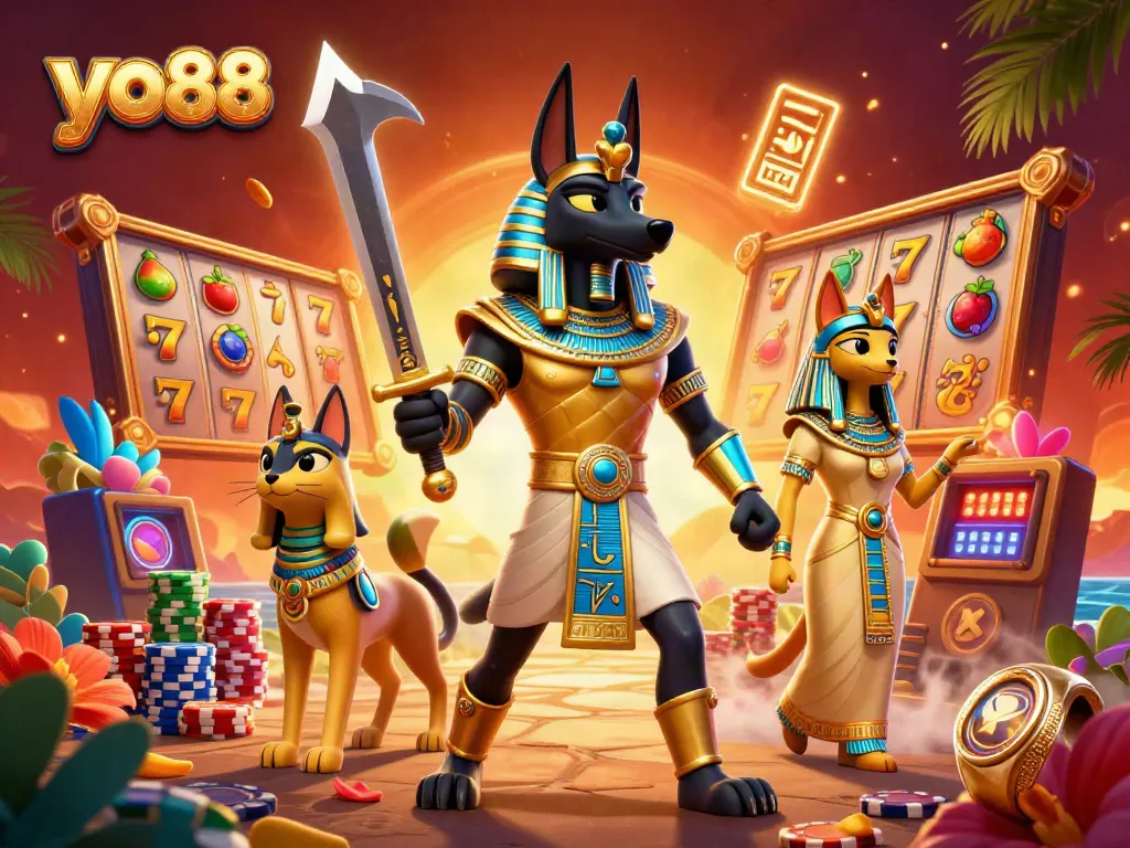 The yo88 online casino brings excitement with Anubis and Bastet amid vibrant slot machines and colorful chips.