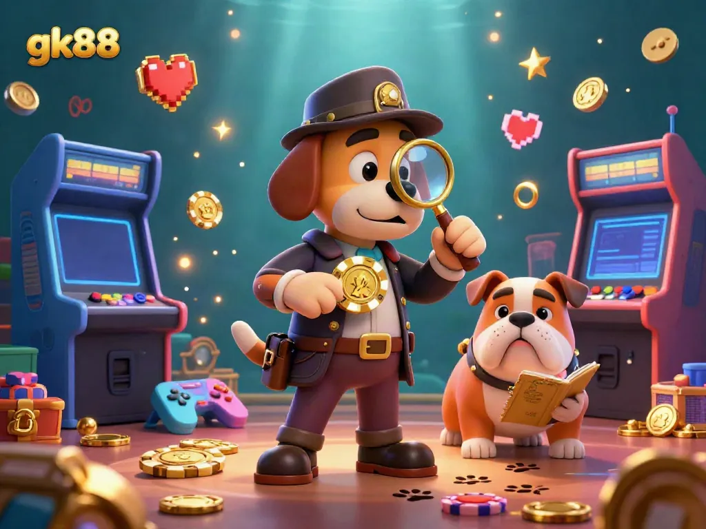 Examine clues in gk88's vibrant casino world with a detective bloodhound, revealing golden treasures.