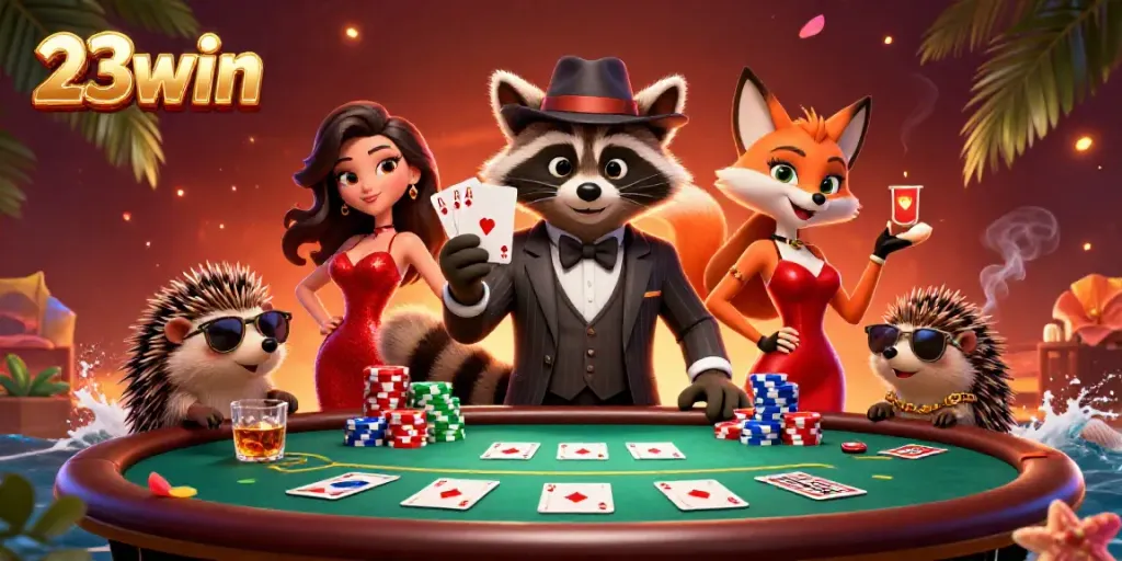 Experience the excitement of poker with 23win as a suave raccoon showcases a royal flush.