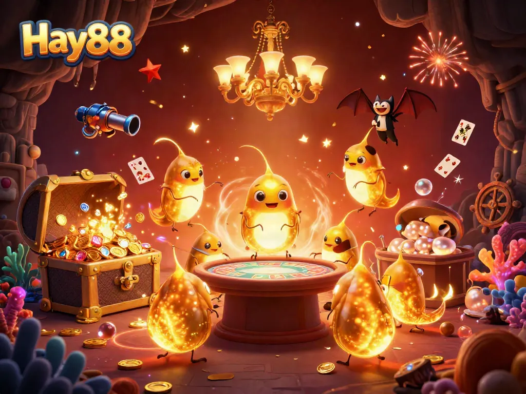 Experience the thrill of Hay88 with a vibrant casino scene featuring bioluminescent glowworms and festive elements.