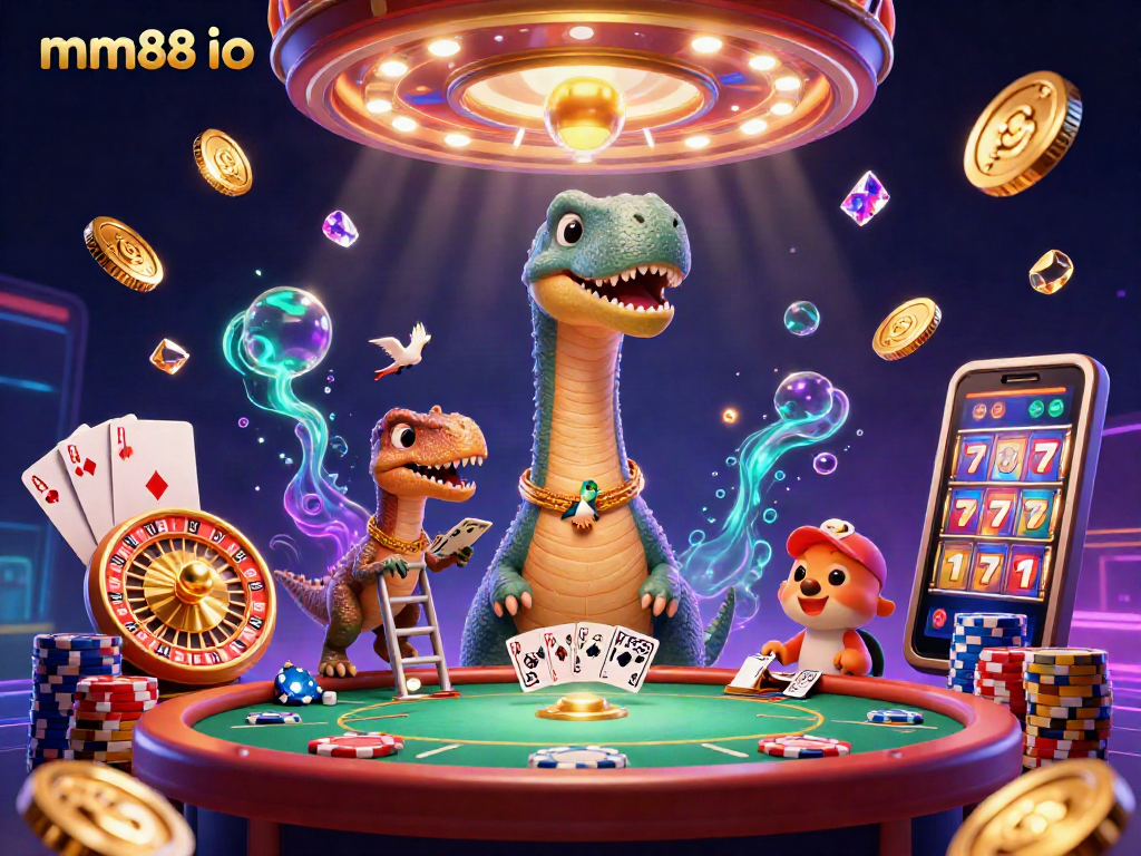 Engage in vibrant casino action with mm88 io featuring rich 3D illustrations of playful characters and dynamic gaming elements.