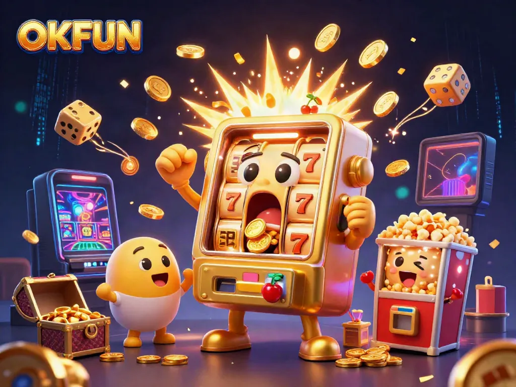 Celebrate winning with OKFUN as a golden slot machine hits a jackpot amidst coins cascading down.
