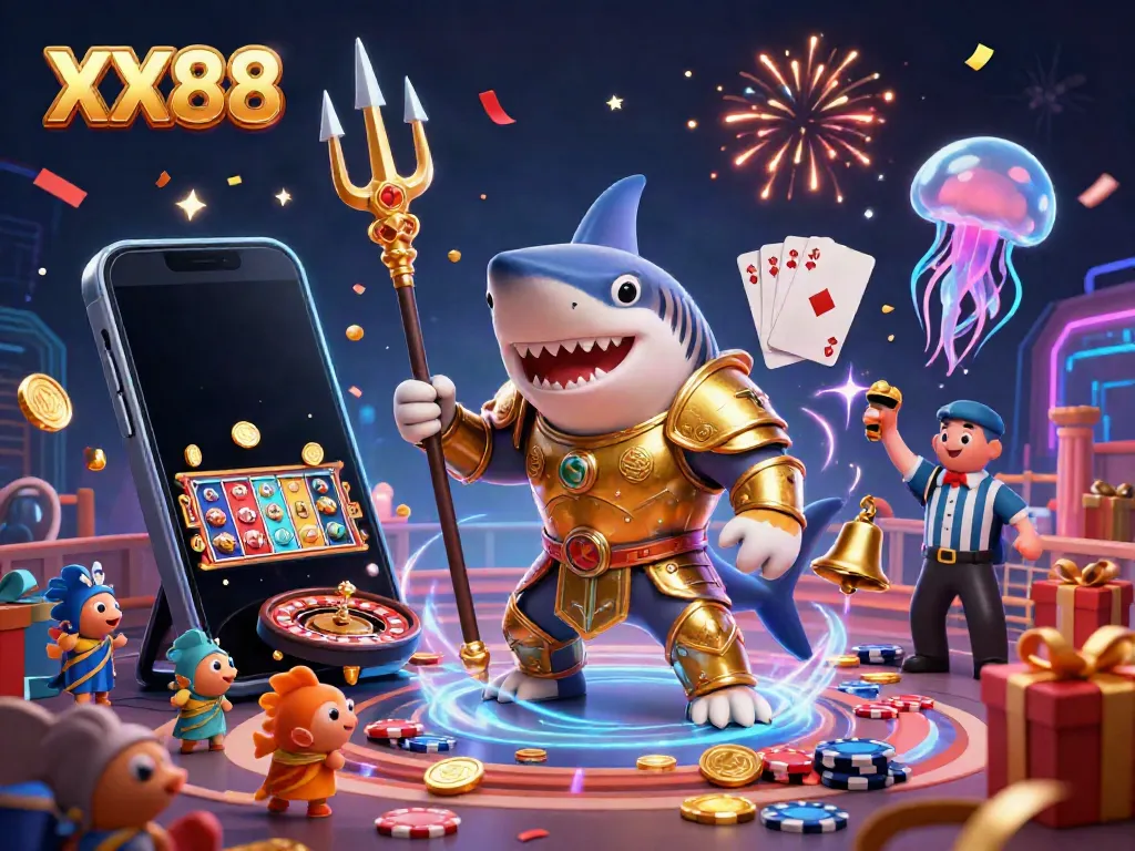 Witness the thrilling underwater colosseum with XX88’s tiger shark in gladiator armor amidst a lively casino atmosphere.