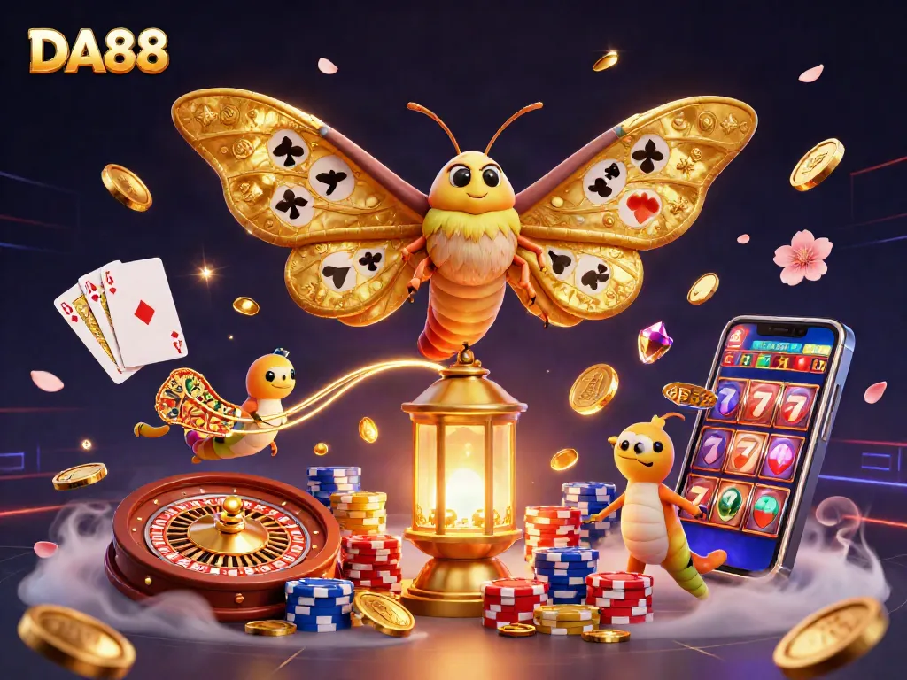 Experience the thrilling games at DA88 with golden elements, vibrant illustrations, and engaging casino scenes.