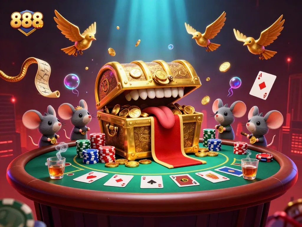 Engage with 888now’s rich gaming experience featuring a golden treasure chest, poker elements, and vibrant casino atmosphere.