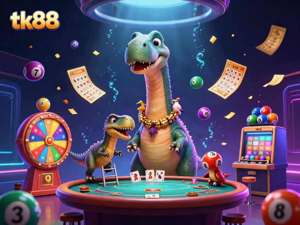 Experience the thrill at tk88 casino where a towering brontosaurus gazes at a vibrant poker table surrounded by colorful game elements.