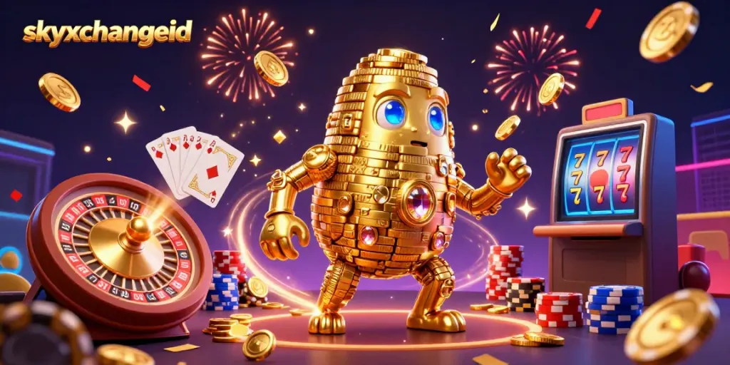 Experience thrilling casino action with skyxchangeid's dynamic golden golem, spinning roulette, and colorful poker chips.