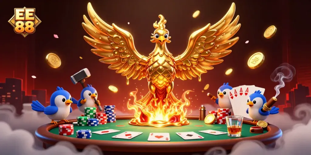 Win big with EE 88's 3D phoenix and poker scene, showcasing thrilling casino action.