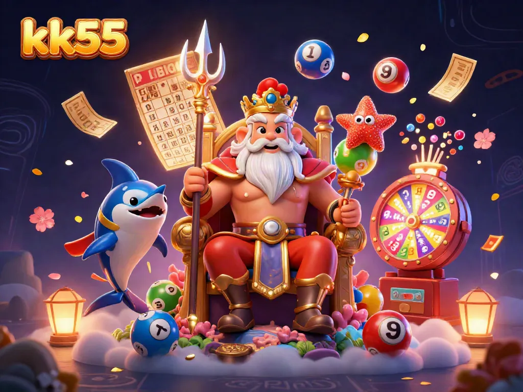 Experience exciting gameplay at kk55 with a vibrant 3D scene featuring Neptune and dynamic lottery elements.