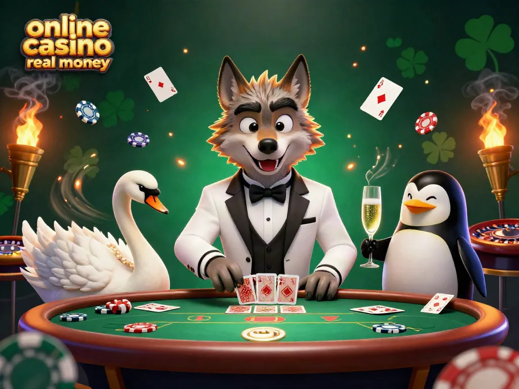 Play at an online casino real money scene with characters enjoying games and celebrating wins.
