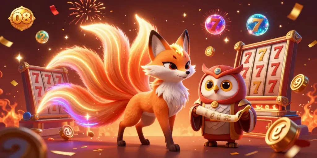Experience thrilling slots at O8 with a nine-tailed fox spirit and glowing game elements.