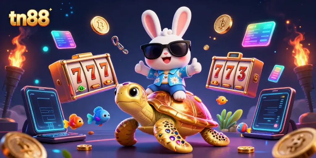 Spin the reels at tn88 with a lucky rabbit and golden turtle in a vibrant casino scene.