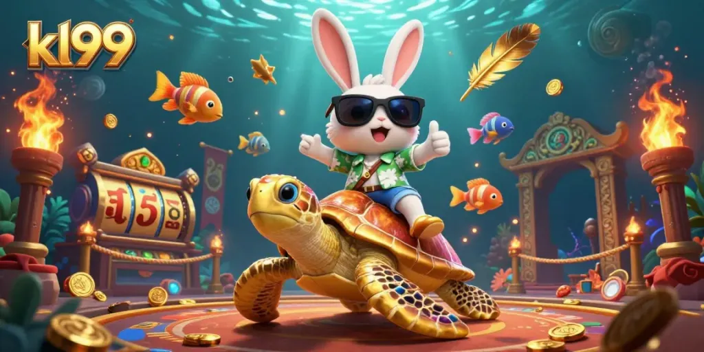 Experience thrilling games with kl99's cute lucky rabbit and golden sea turtle in vibrant underwater casino.