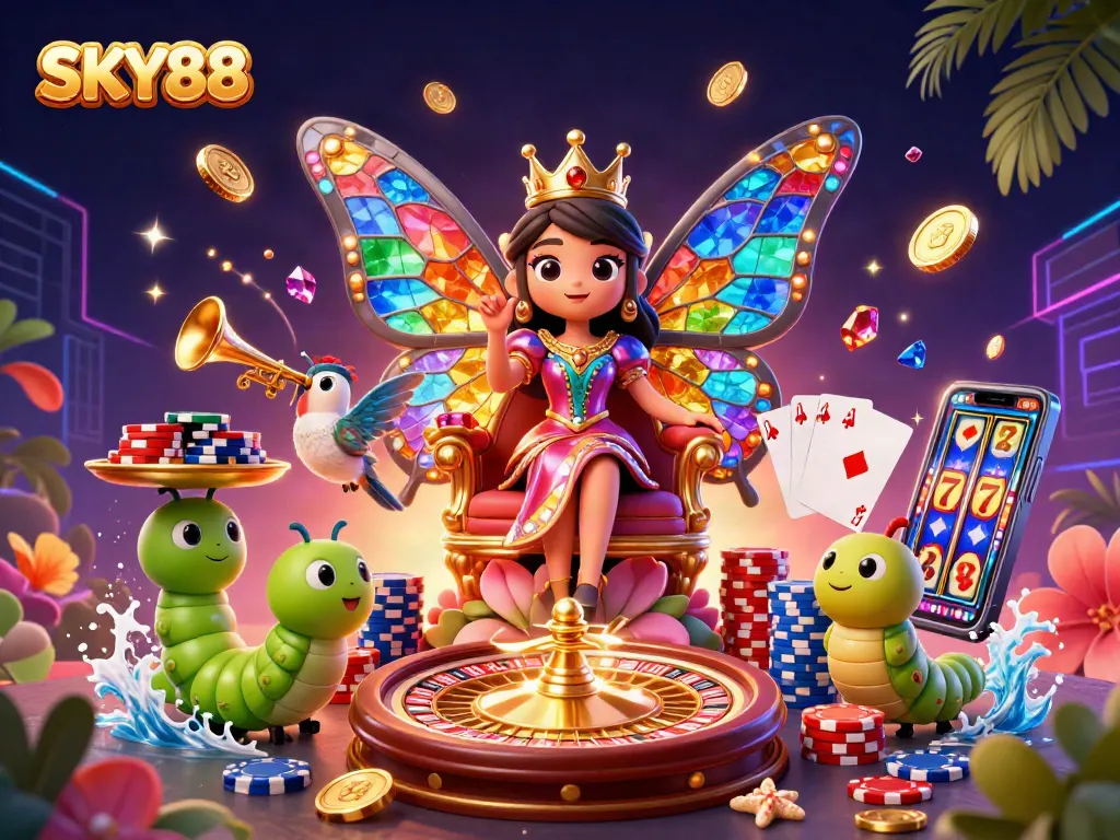 Engage with the vibrancy of SKY88 in this dynamic casino-themed illustration featuring a butterfly queen and gaming elements.