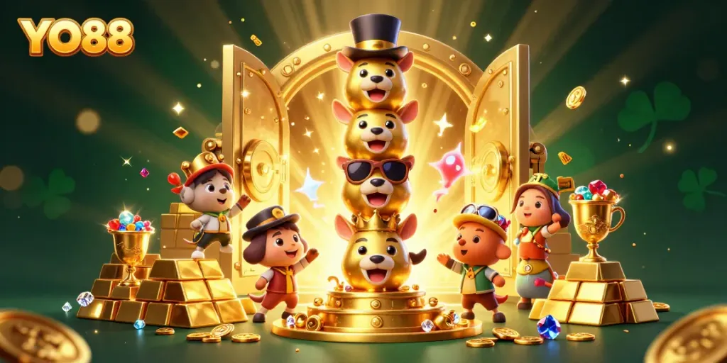 Experience the thrill of YO88 with vibrant casino elements, golden treasures, and dynamic characters.