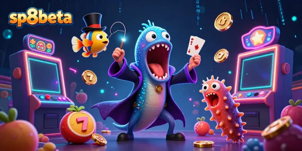 Watch the sp8beta deep-sea gulper eel magician in action, dazzling with card tricks alongside casino-themed elements.