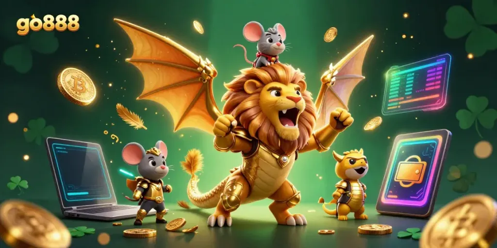 Engage with go888's thrilling casino world featuring a golden chimera, crypto elements, and dazzling effects.