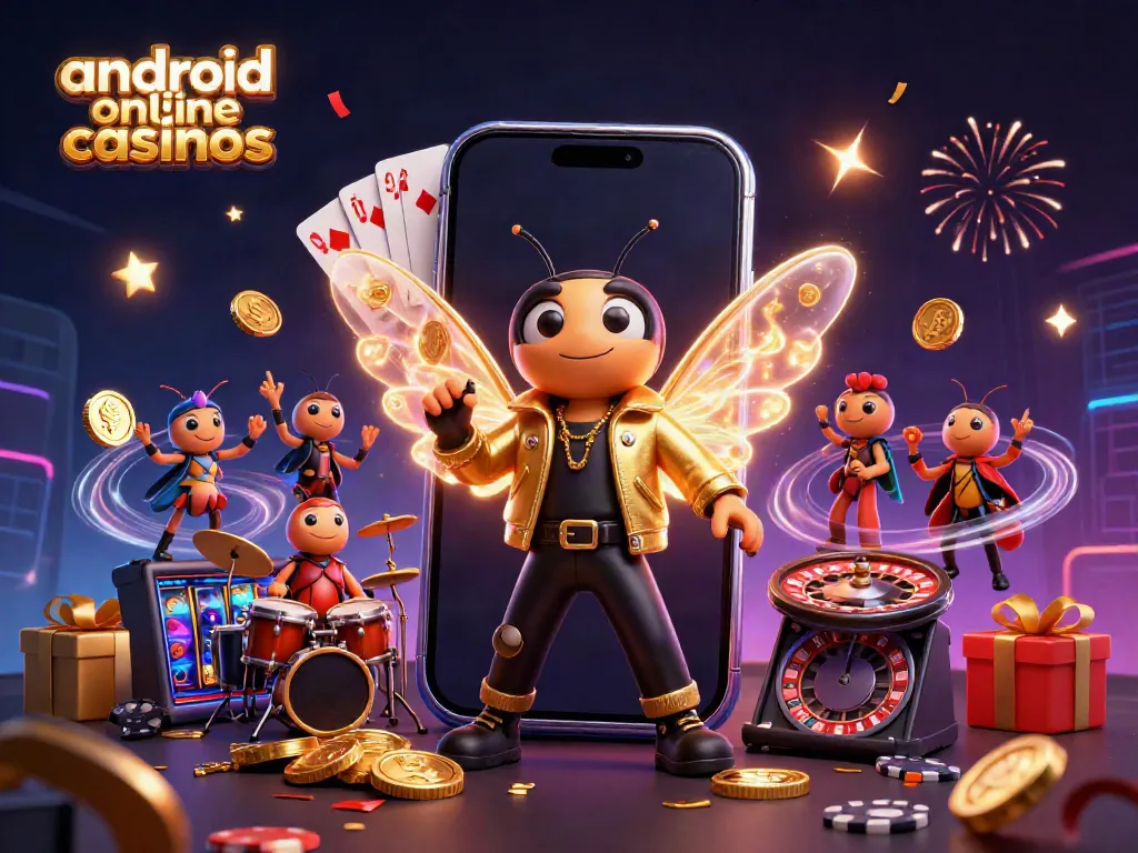 Experience thrilling android online casinos with a vibrant 3D scene featuring a cicada rock star and game elements.