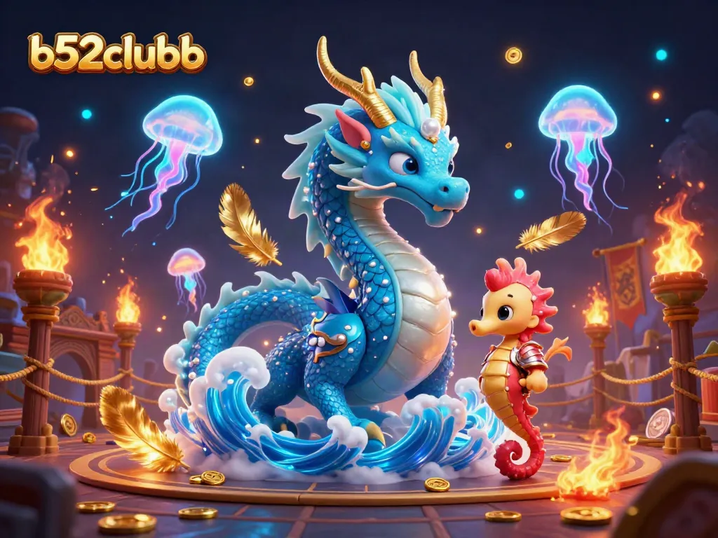 b52clubb experience immersive gambling with a dragon, knight, and jellyfish in a vibrant arena