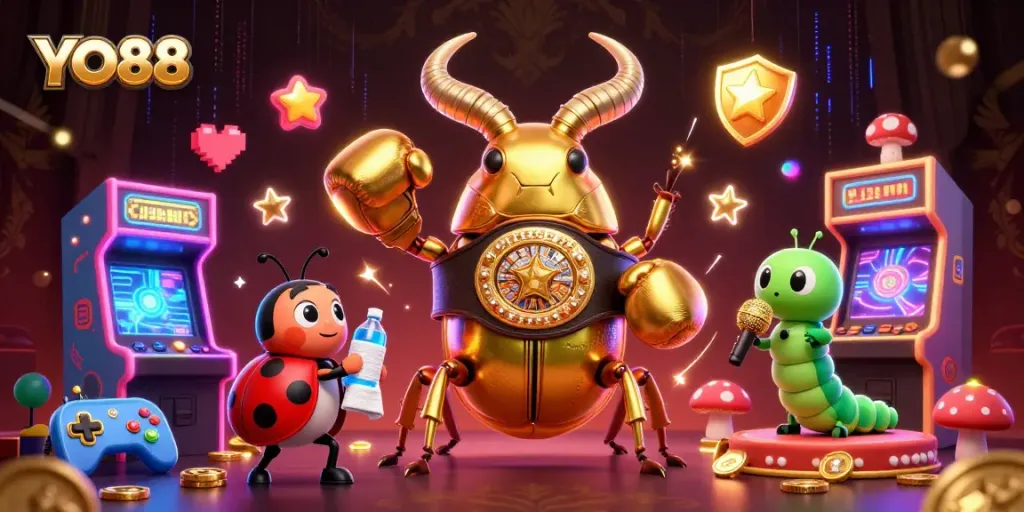 Experience the excitement of YO88 as the colorful characters engage in impactful gameplay surrounded by vibrant casino elements.
