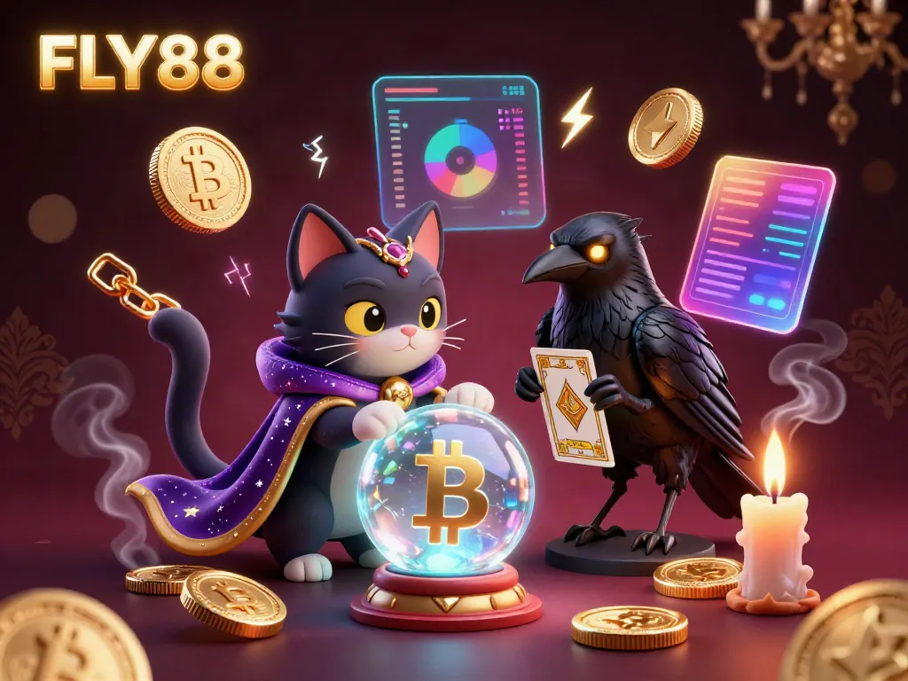 Engage with FLY88's enchanting casino world featuring a mystic cat and a tarot raven amidst glowing crypto elements.