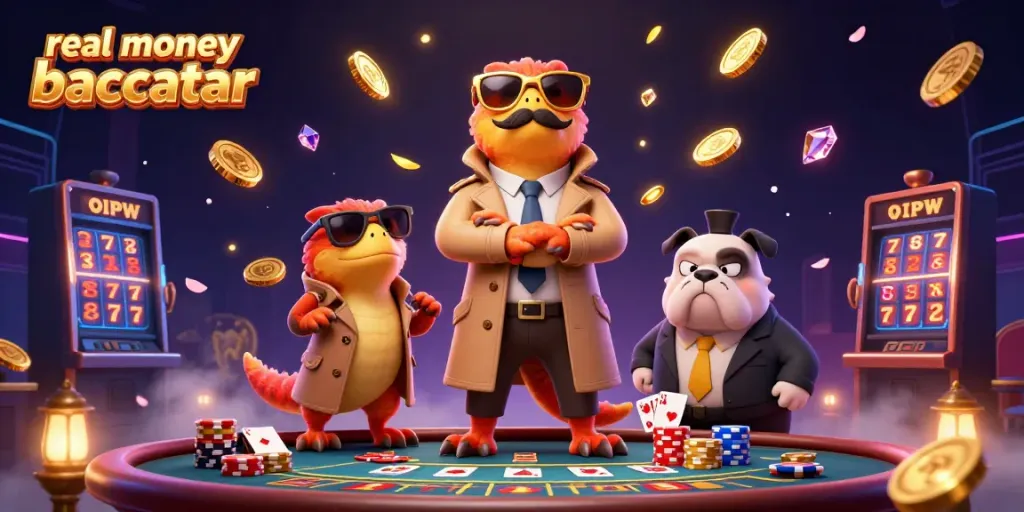 Experience real money baccarat with animated characters in a vibrant casino setting.