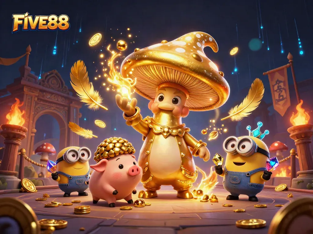 Experience the thrill of FIVE88 with gaming magic, golden treasures, and dynamic casino elements in a vibrant scene.