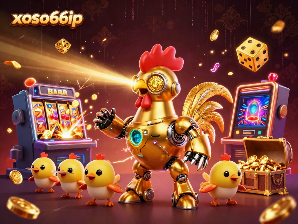 Experience the fun of xoso66ip with a dynamic jackpot scene featuring a golden rooster robot and exciting casino elements!